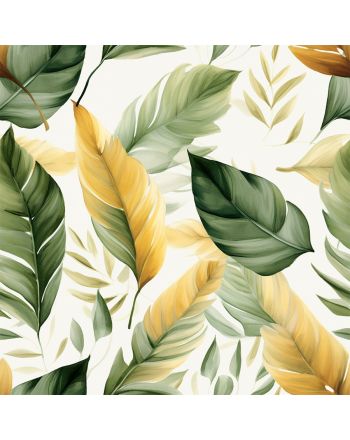 Biała tkanina zasłonowa velvet, drukowana w zielono-żółte liście, szerokość 150 cm, Olive - sprzedawana na metry