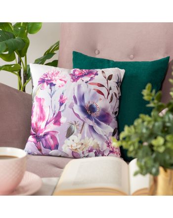 Welwetowa poszewka na poduszkę z motywem fioletowych kwiatów, rozmiar 40x40 cm, Wera