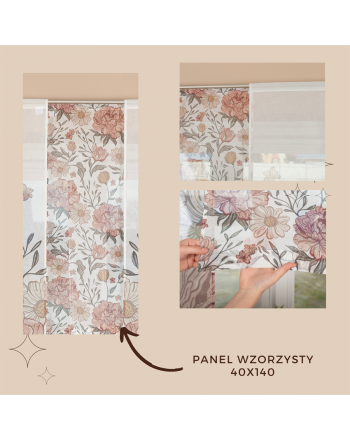 Panel firanowy wzorzysty o strukturze lnu z motywem piwonii w stylu boho, rozmiar 40x140 cm