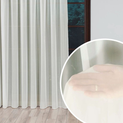 Kremowa gładka firana woal, na taśmie marszczącej, wykończona ołowianką - szyta na wymiar