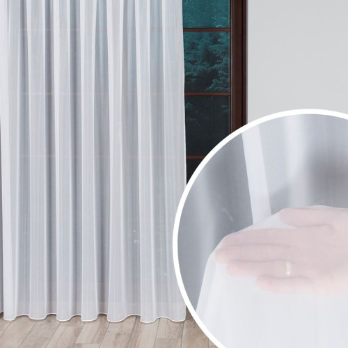 Firana woal trudnopalny na taśmie wave, gładka z obciążnikiem kolor biały, wysokość do 320 cm - szyta na wymiar