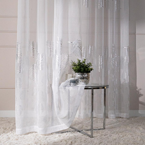 Firana gotowa na taśmie z ołowianką, kolor biały ze srebrnym nadrukiem, rozmiar 140x250 cm, Marietta