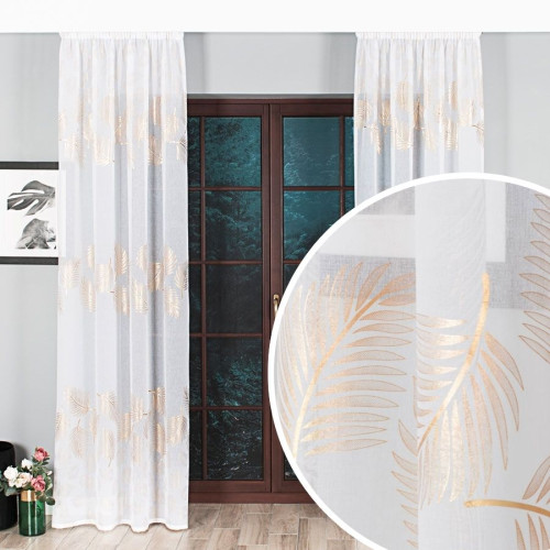 Gotowa firanka uszyta na taśmie marszczącej ze złotym zdobieniem oraz ołowianką, rozmiar140x250 cm, Marietta