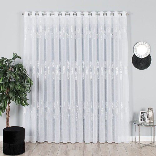 Firana ze srebrnym nadrukiem i ołowianką do salonu, na przelotkach, kolor biały, wysokość do 280 cm, Marietta- szyta na wymiar