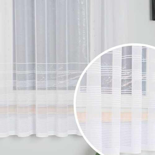 Krótka firanka żakardowa z ołowianką, z ozdobnymi pasami, kolor biały, oferowana w dwóch wysokości - sprzedawana na metry