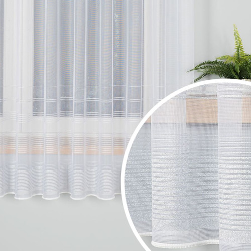 Krótka gotowa firanka żakardowa, kolor biały ze srebrzystymi pasami z metalizowanej przędzy, dostępna w kilku rozmiarach, Tatiana