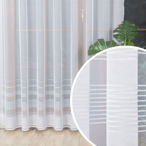 Firanka żakardowa do szyny sufitowej  z pasami z metalizowanej błyszczącej srebrnej przędzy, wysokość do 240 cm - szyta na wymiar