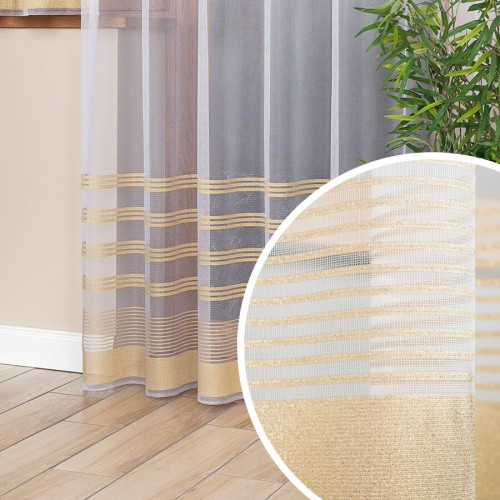 Firanka żakardowa gotowa, kolor biały ze złotym lurexem, rozmiar 200x250 cm, Balbina