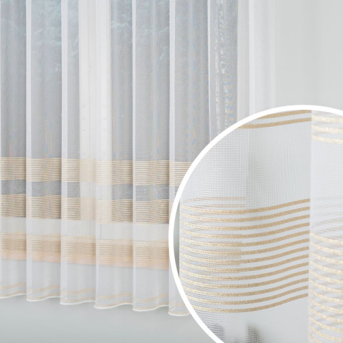 Firanka żakardowa ze wzorem pasowym z ołowianką, na taśmie, kolor biały ze złotym lurexem, wysokość  od 100 do 180 cm, 000326 - szyta na wymiar