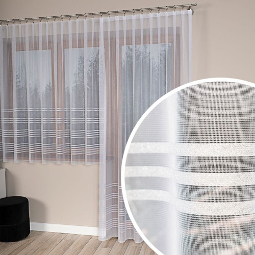 Gotowa firanka żakardowa w kolorze białym z pasami ze srebrnym lurexem, wersja długa 200x250 cm, krótka 300-550x160-180 cm, Kalina