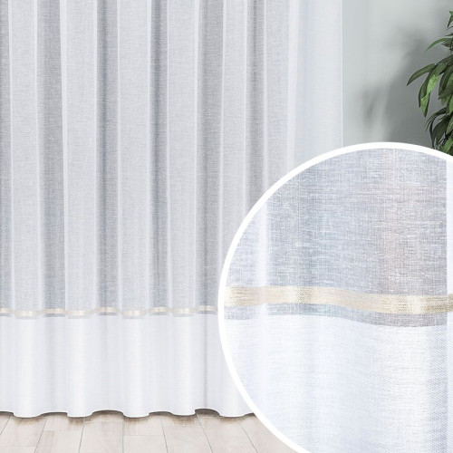 Firana z batystu uszyta na taśmie z ozdobnym pasem i ołowianką, kolor biały ze złotym pasem - szyta na wymiar