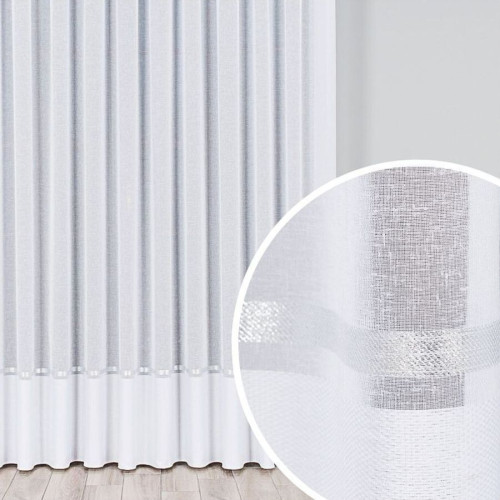 Firana z batystu uszyta na taśmie, wykończona u dołu ołowianką, kolor biały ze srebrnym pasem - szyta na wymiar