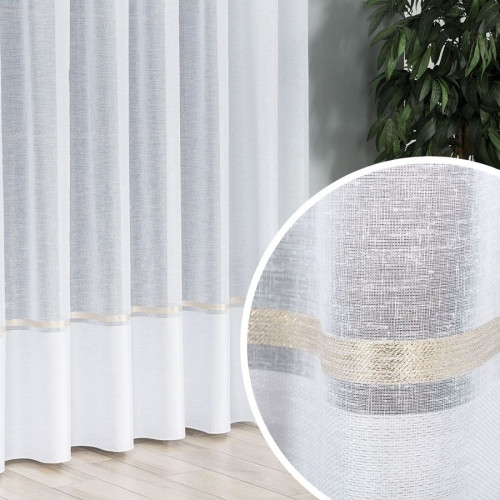 Firanka z batystu na przelotkach, kolor biały ze złotym pasem, wysokość do 310 cm - szyta na wymiar