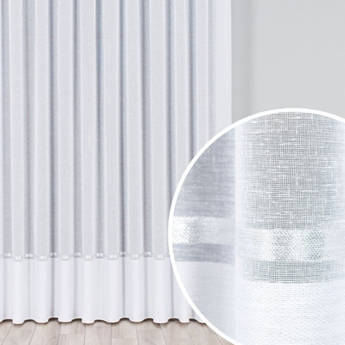 Długa firana z batystu o strukturze lnu, kolor biały ze srebrnym pasem, oferowana w dwóch wysokościach - sprzedawana na metry