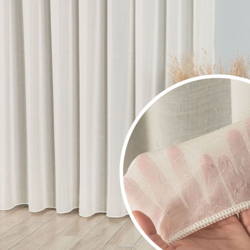 Firana woal kreszowany, wykończony na dole ołowianką, kolor kremowy, na taśmie marszczącej, 000101 - szyty na wymiar