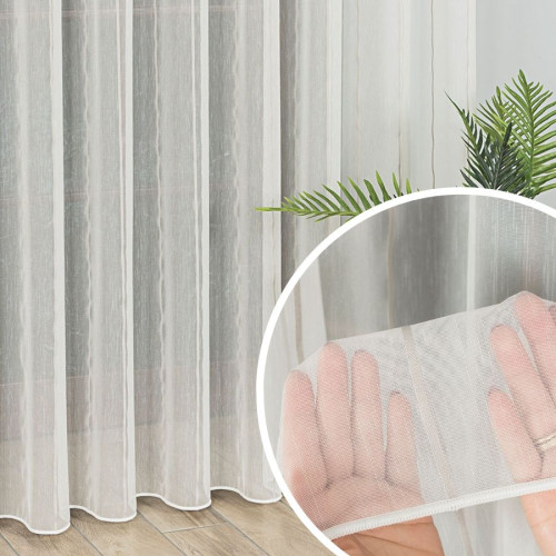 Firanka ze wzorem deszczyku z ozdobnymi pasami w kolorze jasnoszarym, z ołowianką, kolor off white, wysokość 305 cm, 001166 - sprzedawana na metry