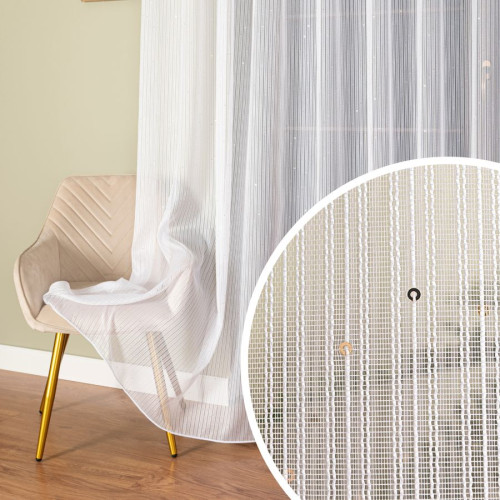 Długa biała firana z ołowianką do salonu, ozdobiona złotymi cekinami, na taśmie wave, wysokość do 290 cm, Eleni - szyta na wymiar