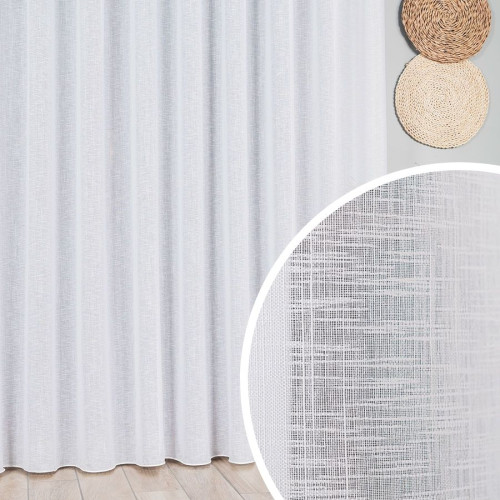Długa trudnopalna firana do salonu o strukturze płótna z ołowianką, wysokość 300 cm - sprzedawana na metry