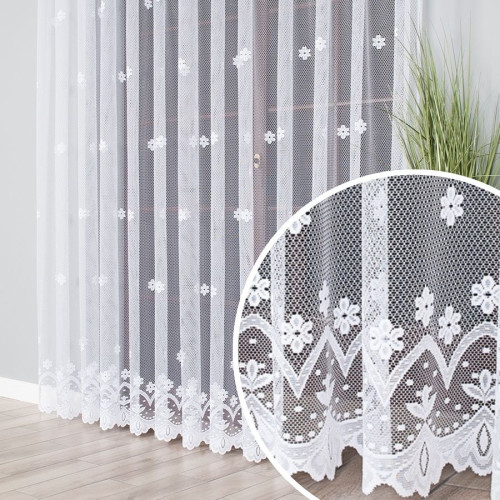 Długa biała firana żakardowa do salonu z delikatnym wzorem kwiatowym, wysokość: 230 i 250 cm, 004421 - sprzedawana na metry