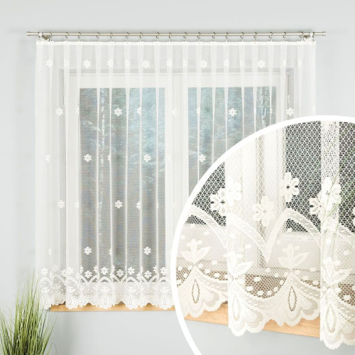 Krótka firanka żakardowa ze subtelnym wzorem kwiatowym, kolor kremowy, dostępna w 2 wysokościach - sprzedawana na metry