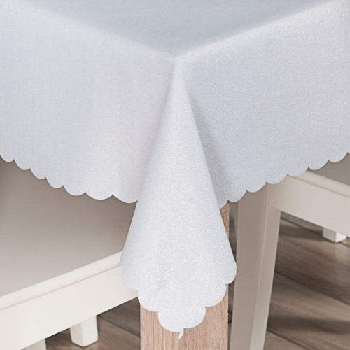 Obrus z tkaniny wodoodpornej, kolor biały ze srebrnym lurexem, wykończony chmurką, Harper - szyty na wymiar