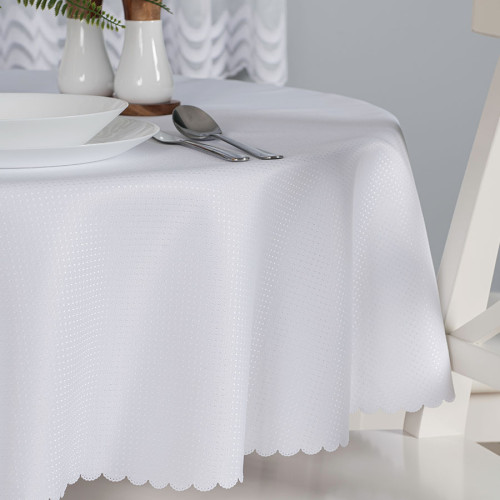 Biały okrągły obrus wodoodporny gotowy, wykończony chmurką, średnica 160 cm, Alisa