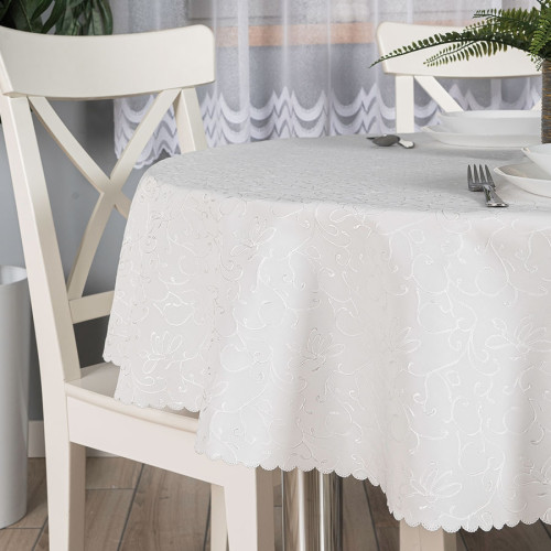 Gotowy obrus z tkaniny wodoodpornej, kolor jasnokremowy, średnica 160 cm, Flora
