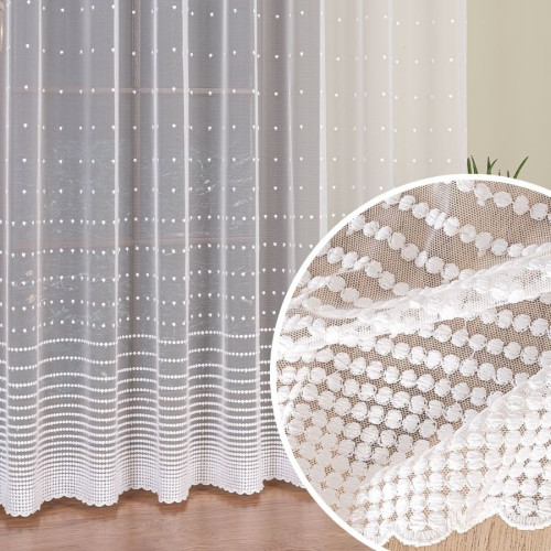 Długa firana haftowana do salonu ze wzorem groszków ułożonych pasami, kolor biały, wysokość 290 cm - sprzedawana na metry