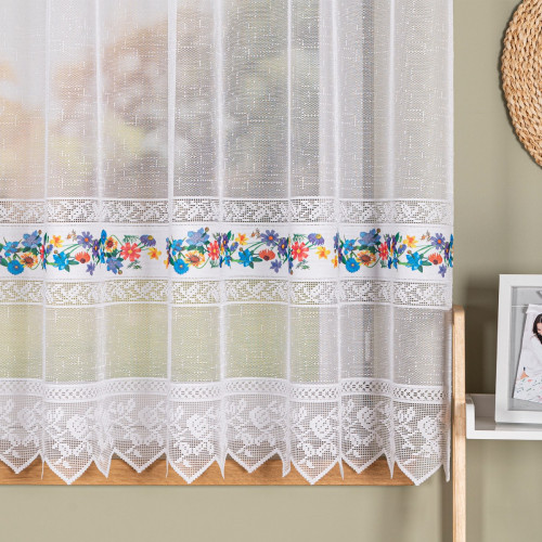 Krótka firanka żakardowa do kuchni z drukowanym ze wzorem pasowym w żywych kolorach, wysokość 160 cm - sprzedawana na metry