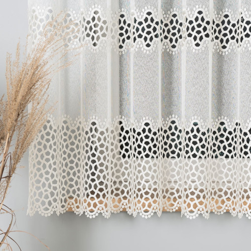 Krótka nowoczesna kremowa firanka z geometrycznym wzorem, oferowana w dwóch wysokościach - sprzedawana na metry