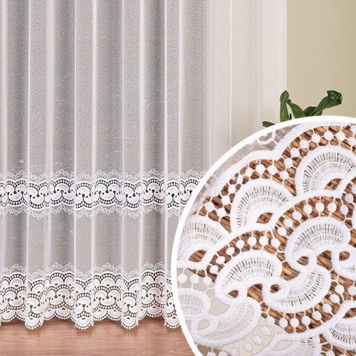 Długa delikatna firanka z aplikacją ze wzorem pasowym na markizecie, kolor biały, wysokość 280 cm - sprzedawana na metry