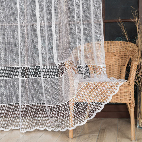 Firanka żakardowa ze wzorem pasowym, kolor biały do  szyny sufitowej, wysokość do 240 cm, Cyrilla - szyta na wymiar