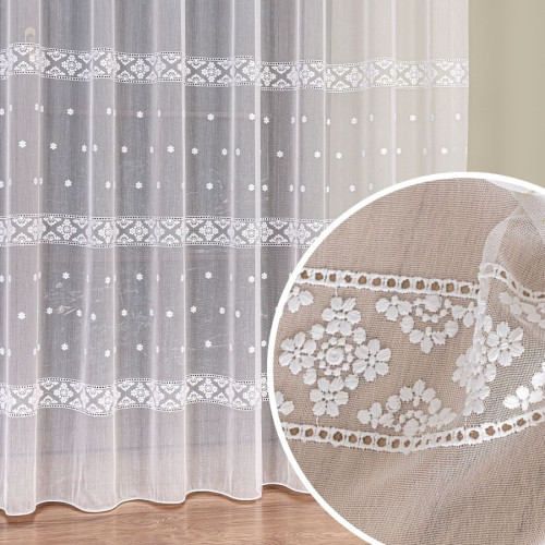 Długa firana do salonu z haftowanym wzorem pasowym z ołowianką, kolor biały, wysokość 290 cm - sprzedawana na metry