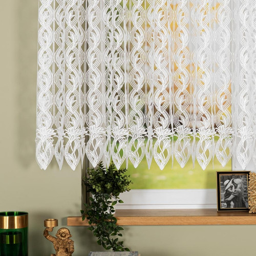 Krótka firanka, gipiurowa ze wzorem o liściastym splocie, kolor biały,  dwie wysokości - sprzedawana na metry