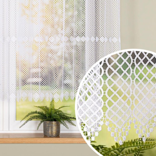 Krótka panelowa firanka gipiurowa z otworami na drążek, kolor biały, oferowana w 2 wysokościach - sprzedawana na metry