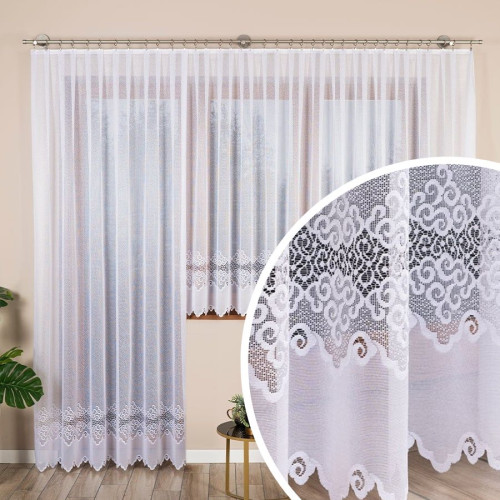 Długa gotowa firanka żakardowa ze wzorem pasowym na samym dole, kolor biały, dostępna w 2 rozmiarach, Modesta