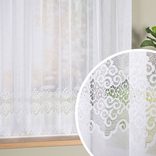 Krótka gotowa firanka żakardowa ze wzorem pasowym, kolor biały, dostępna w 2 rozmiarach, Modesta