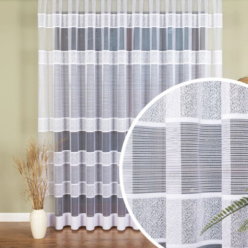 Długa firanka żakardowa z nowoczesnym wzorem pasowy do salonu, kolor biały, wysokość 250 cm - sprzedawana na metry