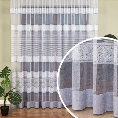 Długa firanka żakardowa z nowoczesnym wzorem pasowy do salonu, kolor biało-szary, wysokość 250 cm - sprzedawana na metry