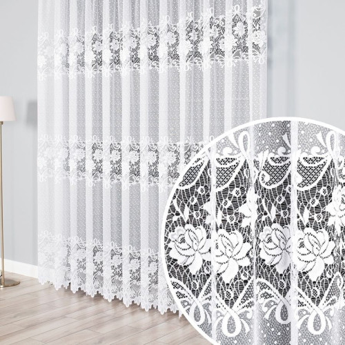 Firana żakardowa z kwiatowym wzorem, kolor biały, oferowana w kilku wysokościach - sprzedawana na metry