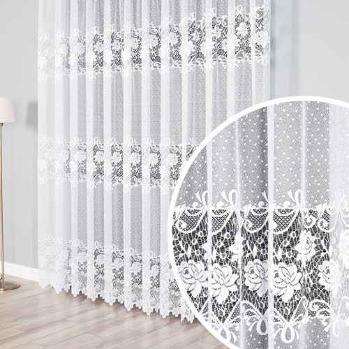 Firana żakardowa na taśmie wave z kwiatowym wzorem róż w układzie pasowym, wysokość do 240 cm - szyta na wymiar