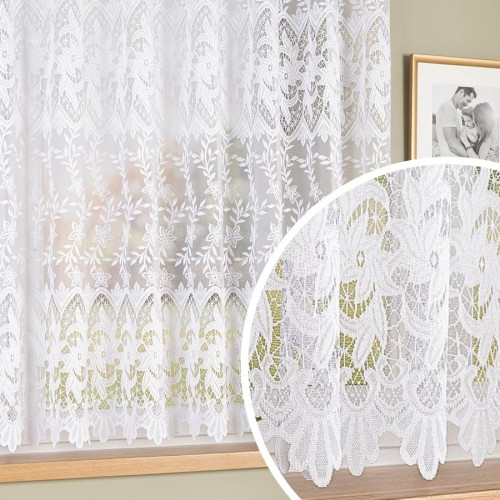 Krótka firanka żakardowa ze wzorem ażurowym po całości, kolor biały, dostępna w 2  wysokościach - sprzedawana na metry