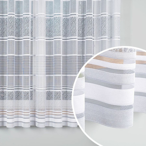 Krótka firanka żakardowa z pasowym wzorem ażurowym, kolor szary, oferowana w dwóch wysokościach - sprzedawana na metry