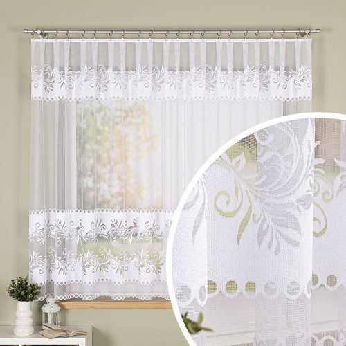 Krótka firana żakardowa z botanicznym wzorem pasowym, kolor biały. dostępna w 2 wysokościach - sprzedawana na metry