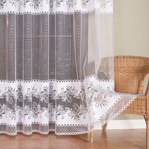 Długa firana żakardowa do salonu z pasowym motywem roślinnym, kolor biały, wysokość 250 cm - sprzedawana na metry