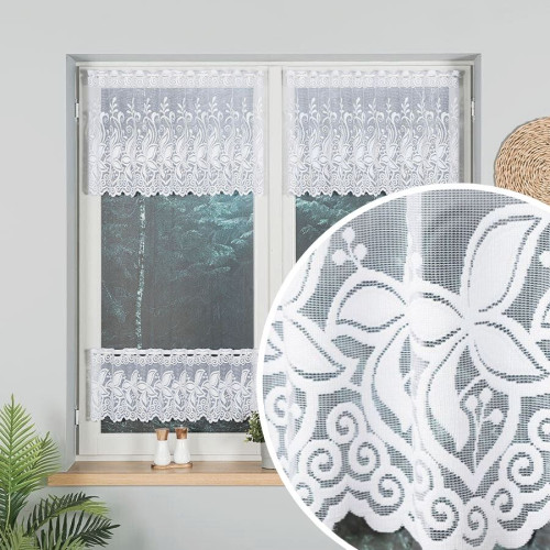 Biała zazdrostka żakardowa bogato zdobiona, oferowana w dwóch wysokościach - sprzedawana na metry