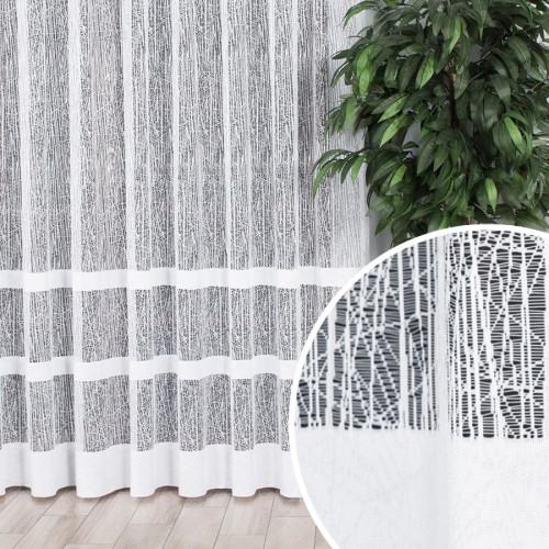 Nowoczesna długa firana żakardowa do salonu z pasami, kolor biały, oferowana w kilku wysokościach - sprzedawana na metry