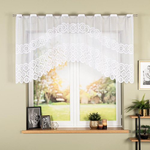 Gotowa firanka żakardowa z fabrycznymi otworami na drążek karnisza, wykończona w łuk, kolor biały, rozmiar 250x100 cm, Malwina