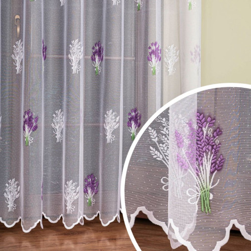 Długa firana żakardowa do salonu, drukowana ze wzorem zioła prowansalskiego po całości, wysokość 250 cm, Lawenda - sprzedawana na metry