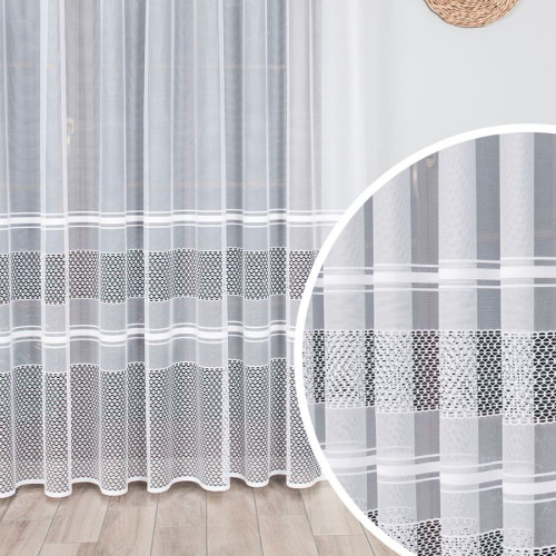 Firanka żakardowa z białymi poziomymi pasami na taśmie, wysokość do 250 cm, kolor biały - szyta na wymiar